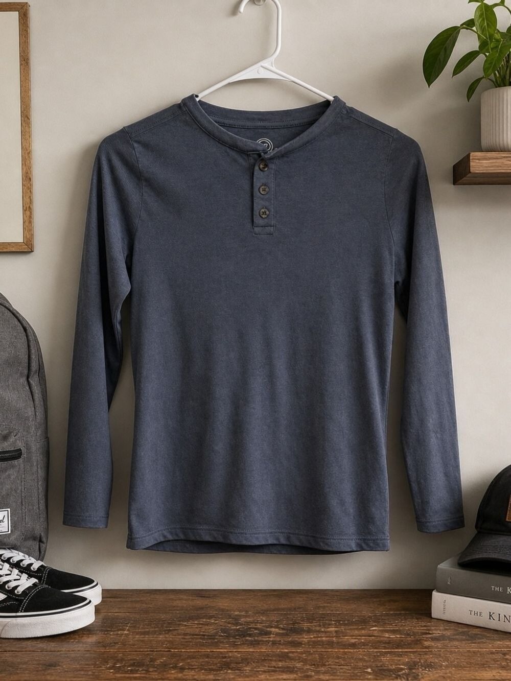 Charcoal Blue Long-Sleeve Henley Tee Size 8 Boys